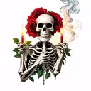skeleton head/upper torso/arms blooming out of rose skeleton holding lit candle shade and smoke tattoo design idea