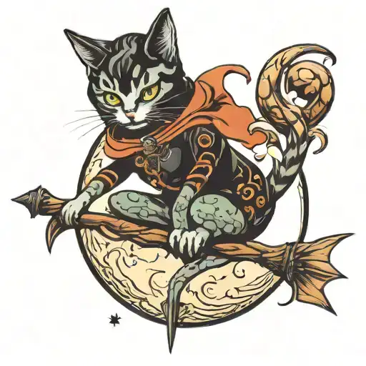 evil cat on the moon with witch on her broom tattoo design idea
