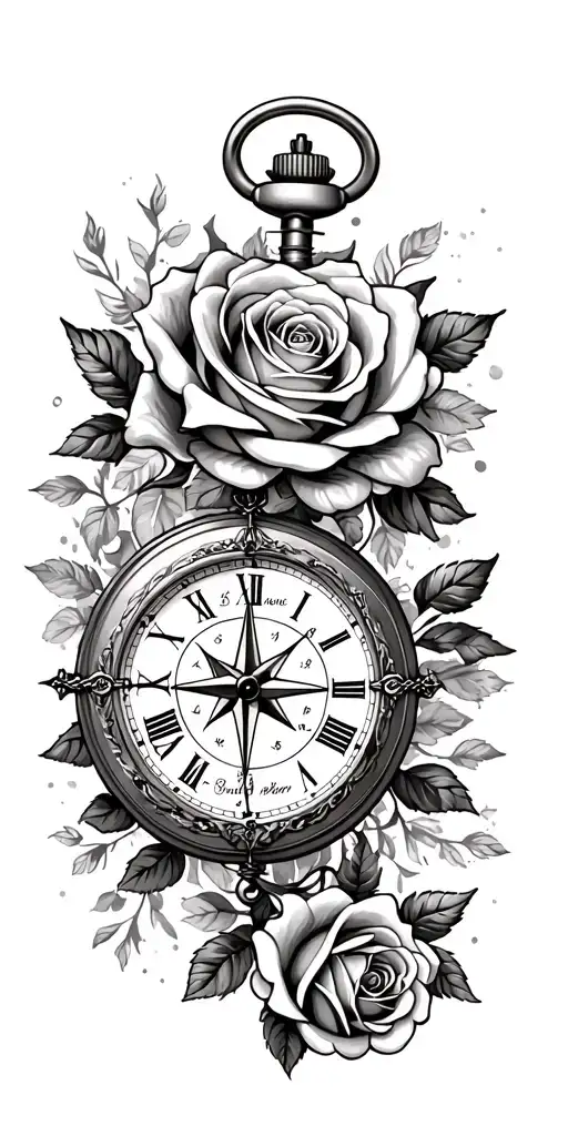 pocket watch, roses, compass, with 3 grandchildren birth dates and time tattoo design idea
