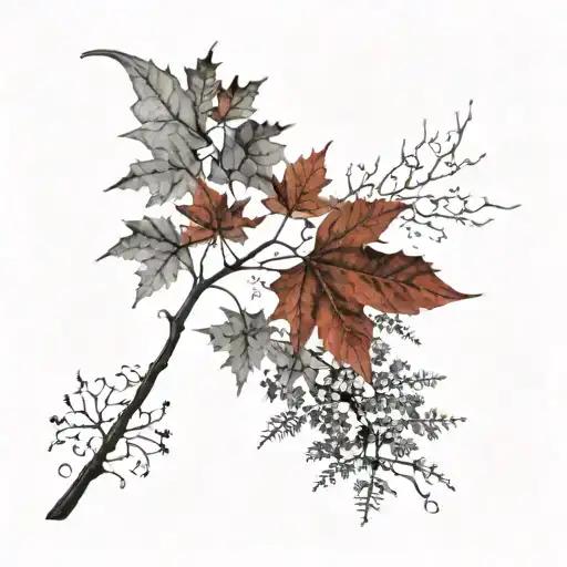 a red maple tree with a single leaf blowing upwards off of it tattoo design idea