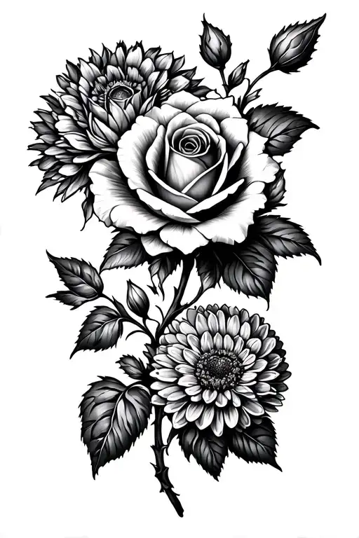 rose, cosmos and chrysanthemum  tattoo design idea