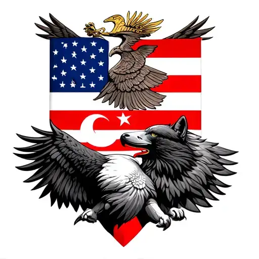 Turkish and American flag over representing wild animals that are Wolf and Eagle tattoo design idea
