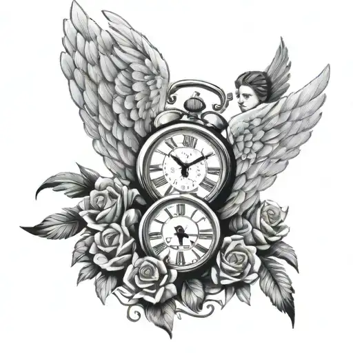angel wings spread wide with a princess crown a clock in eye tattoo design idea