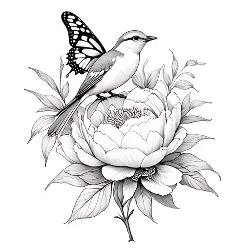 can you make a concept style tattoo with these things combined: a lark bird, a peony, and a butterfly flower. make it bl tattoo design idea