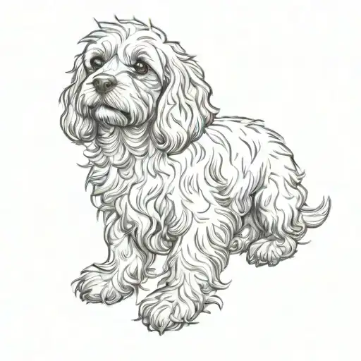a delicate cavoodle sitting upright with its body angled towards the front, head fully lifted look at sky side ways tattoo design idea