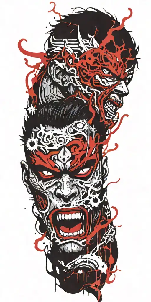 male anime character wearing oni mask fighting off inner demons  tattoo design idea
