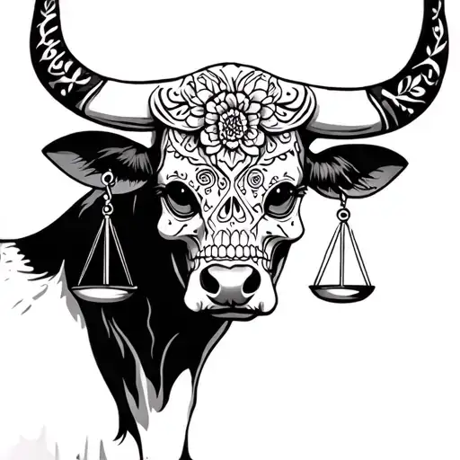 feminine bull with sugar skull markings and 2 Libra scales tattoo design idea