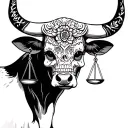 feminine bull with sugar skull markings and 2 Libra scales tattoo design idea