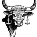 feminine bull with sugar skull markings and 2 Libra scales tattoo design idea