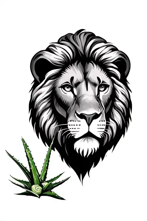 lion face with aloe vera symbolizing freedom tattoo design idea