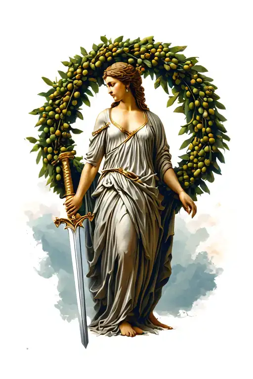greek goddess nike holding a sword and olive wreath tattoo design idea