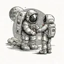 Astronaut and little child astronaut with bear ears on spacesuit holding hands standing on moon and looking at earth tattoo design idea