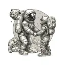 Astronaut and little child astronaut with bear ears on spacesuit holding hands standing on moon and looking at earth tattoo design idea