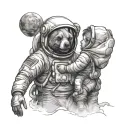 Astronaut and little child astronaut with bear ears on spacesuit holding hands standing on moon and looking at earth tattoo design idea