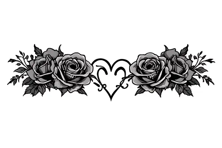 "js" skull , love heart and roses entwined tattoo design idea