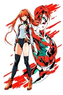 Highly detailed anime illustration of Asuka Langley Soryu from Neon Genesis Evangelion, standing in front of Evangelion  tattoo design idea