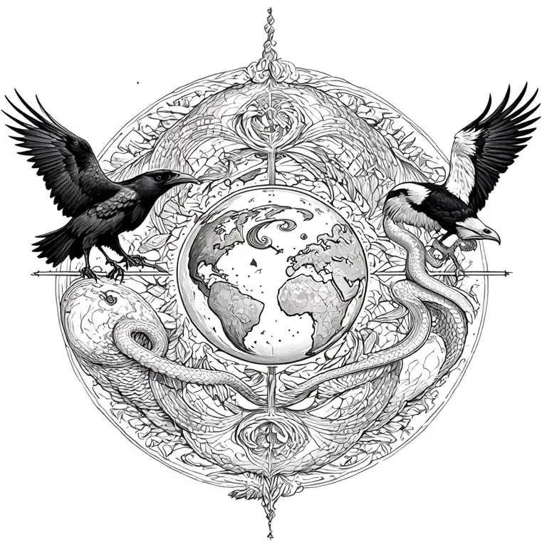 An eagle and a raven surrounding the planet Earth. And a snake in the center tattoo design idea