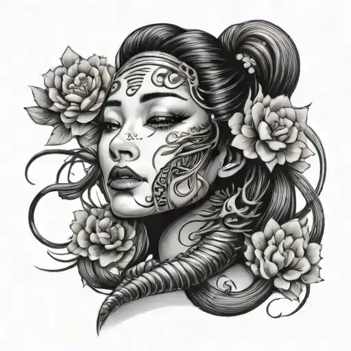 centipede wrapped around a beautiful japanese womans face. include japanese flowers  tattoo design idea