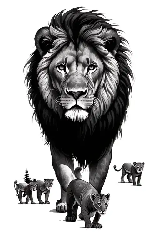 "NoOneStandTallerThanAFather" Male Lion protecting  his two female cubs walking behind them +trees tattoo design idea