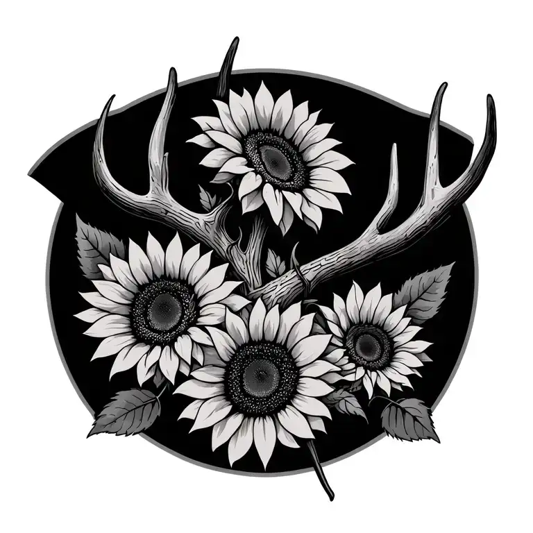 sunflowers and antlers intertwined simple tramp stamp style  tattoo design idea
