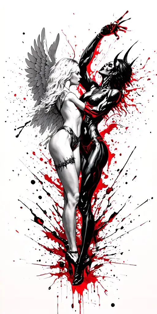 1 sexy angel in white vs. 1 sexy demon in black fighting tattoo design idea