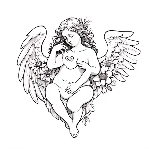 hearts and flowers symbolizing abortion baby angel tattoo design idea