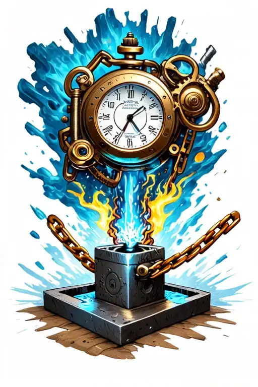 steampunk pocket wach exploding, with a demascus chain being forrged on an anvile with thors hamer  tattoo design idea