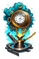 steampunk pocket wach exploding, with a demascus chain being forrged on an anvile with thors hamer  tattoo design idea