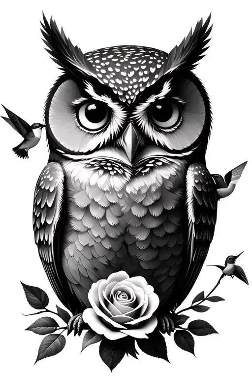 baby owl with rose and hummingbird tattoo design idea