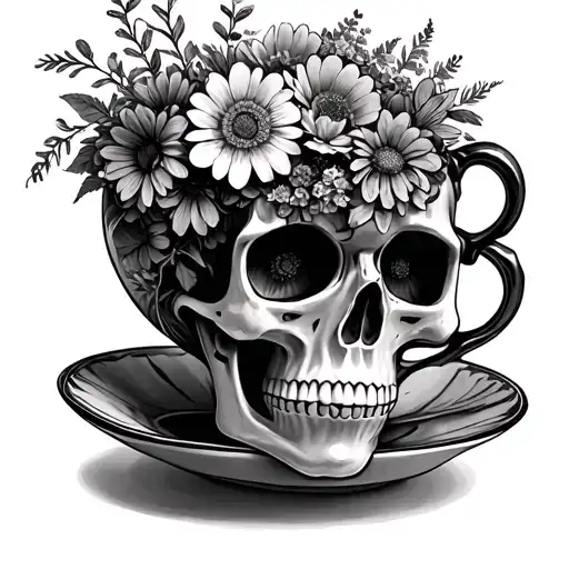 teacup shaped like a skull filled with wildflowers delicate and girly  tattoo design idea