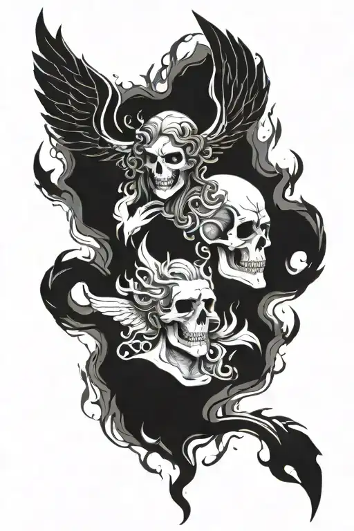 Dual-Faced Figure ,Angel vs. Devil ,Skull and Halo or Horns,Flames and Calm Waters,Forearm Layout,Personal Symbolism, tattoo design idea