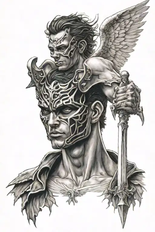 half masked face angel,male,hyperrealistic,blackandwhite,dark teared demon wings, holding weapon,realism tattoo, 3d  tattoo design idea