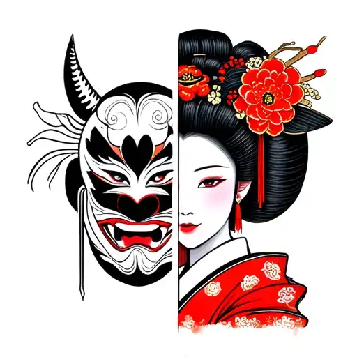 geisha with oni mask split in half tattoo design idea