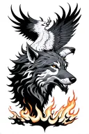 fenrir wolf with phoenix rising from flames tattoo design idea