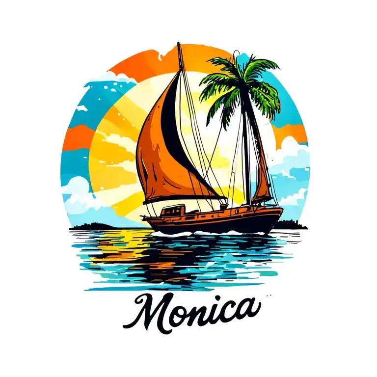 "Monica" sailboat in foreground, background full sunrise sky, small island in far background with plam vibrant colors no borders tattoo design idea