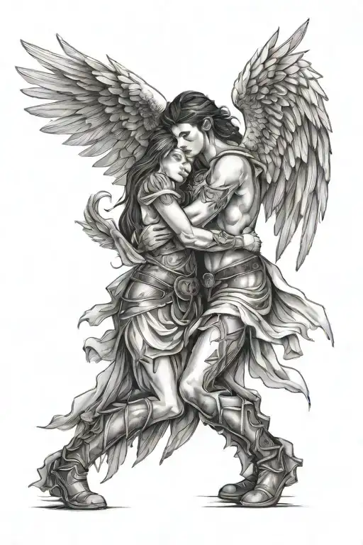 Angel warrior hugs a girl with his wing tattoo design idea
