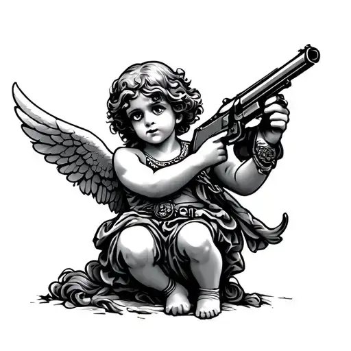 traditional Evil Cupid holding a gun tattoo design idea