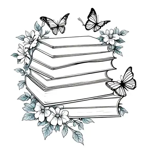 stack of 4 books surrounded by flowers, vine, and butterflies  tattoo design idea