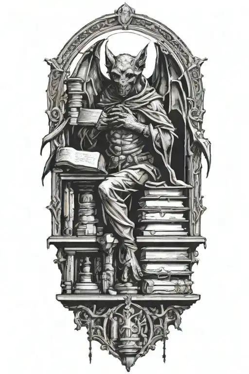A bat gargoyle. Standing on a pile of corpses and books. Temple of Sharr, Myrkul, occultism, tortured souls tattoo design idea