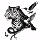 Generate me average manga that has a leopard on the shoulder, a hummingbird and an eagle in the biceps and a snake completing tattoo design idea
