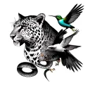 Generate me average manga that has a leopard on the shoulder, a hummingbird and an eagle in the biceps and a snake completing tattoo design idea