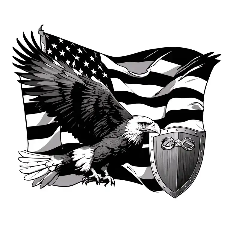 eagle soaring,american flag, warrior with shield, wedding rings. tattoo design idea