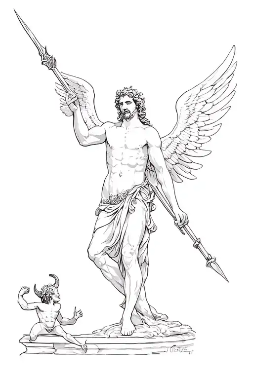 Archangel Michael kills Satan with a spear, where the Archangel has his wings spread and the little devil is below, in the Greek style tattoo design idea