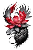 Red Lotus Flower, transforming into a Phoenix / phoenix rising out of flower... with a Lion in the background tattoo design idea