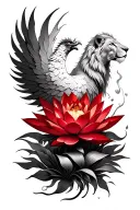 Red Lotus Flower, transforming into a Phoenix / phoenix rising out of flower... with a Lion in the background tattoo design idea