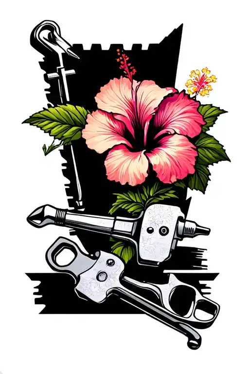 colors hibiscus flowers fading into black and white mechanic tools  tattoo design idea