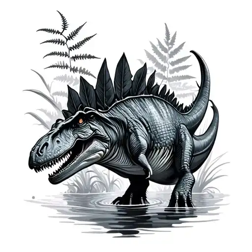 Spinosaurus swimming, black and white thigh. water flowy background with ferns. not realistic. stylistic neo trad. tattoo design idea