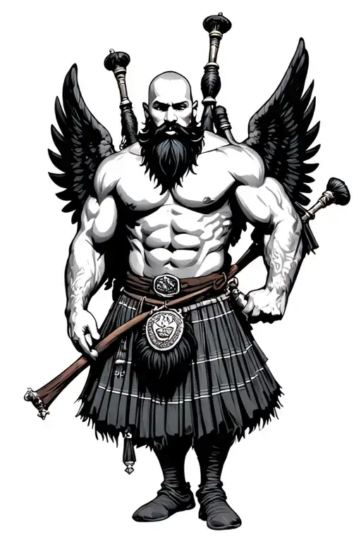 muscular bagpiper bald black beard black wings on his back tattoo design idea