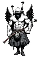 muscular bagpiper bald black beard black wings on his back tattoo design idea