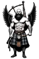 muscular bagpiper bald black beard black wings on his back tattoo design idea